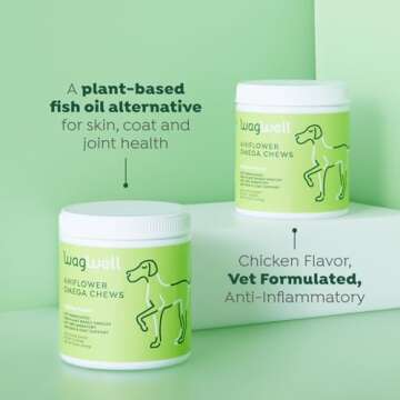 WagWell Ahiflower Omega Oil Dog Chews - Vet-Formulated Skin, Coat, Hip and Joint Chews for Dogs - Plant-Based Omega 3, 6 and 9 Supplement - Natural Chicken-Flavored Dog Omega Oil Bites, 60 Soft Chews