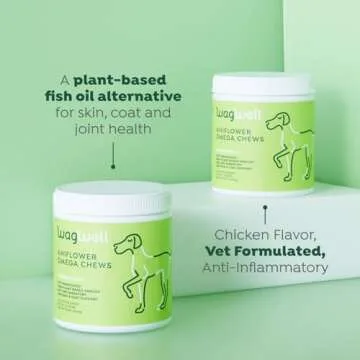 WagWell Ahiflower Omega Oil Dog Chews - Vet-Formulated Skin, Coat, Hip and Joint Chews for Dogs - Plant-Based Omega 3, 6 and 9 Supplement - Natural Chicken-Flavored Dog Omega Oil Bites, 60 Soft Chews