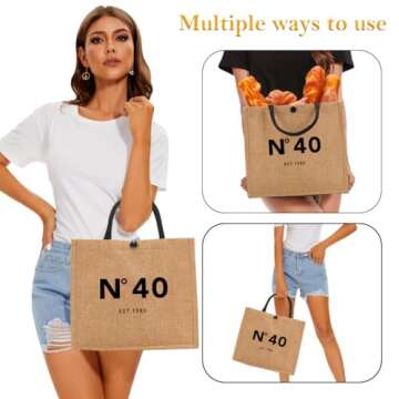 NGLIV 40th Birthday Gifts for Women - Beach Bag Reusable Shopping Bags - Cute Jute Straw ToteBag