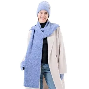Winter Knit Beanie Touchscreen Gloves Scarf Set - Blue
