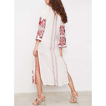 R.Vivimos Women Half Sleeve V Neck Tassel Cotton Vintage Embroidered Slit Casual Long Dress Large Wh...