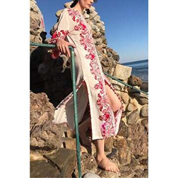 R.Vivimos Women Half Sleeve V Neck Tassel Cotton Vintage Embroidered Slit Casual Long Dress Large White