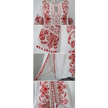 R.Vivimos Women Half Sleeve V Neck Tassel Cotton Vintage Embroidered Slit Casual Long Dress Large White