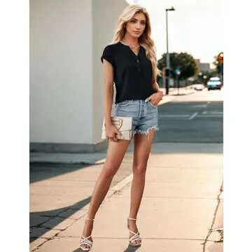 Blooming Jelly Womens Dressy Casual Tops Spring Business Casual Work Blouses Button Down V Neck T Shirts (L, Black)