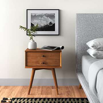 Mid Century 2 Drawer Wood Nightstand, End Table, Bedroom Storage (Castanho)