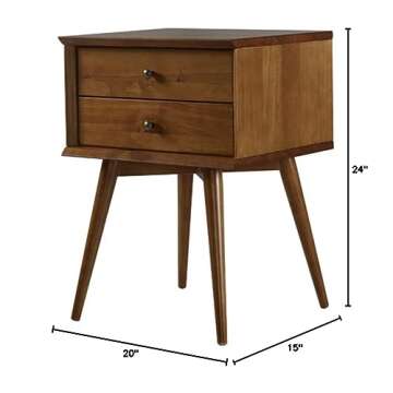 Mid Century 2 Drawer Wood Nightstand, End Table, Bedroom Storage (Castanho)
