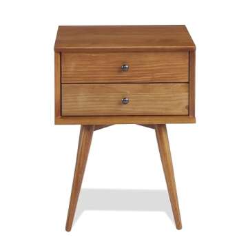 Mid Century 2 Drawer Wood Nightstand, End Table, Bedroom Storage (Castanho)
