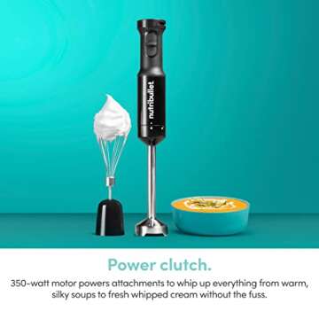 nutribullet NBI50100 Immersion Blender Arm & Whisk Attachment, For Smoothies, Soups & Dips, 350 Watt, Charcoal Black,2" L X 2" W X 16" H