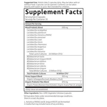 Garden of Life Probiotics Mood+ Dr Formulated Acidophilus Probiotic Supplement - Promotes Emotional Well-Being, Relaxation and Digestive Balance - Ashwagandha for Stress Management, 60 Veggie Caps