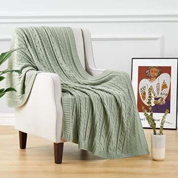 Aormenzy Sage Green Cable Knit Throw Blankets for Couch Bed Sofa, Acrylic Knitted Blanket, Soft Cozy...