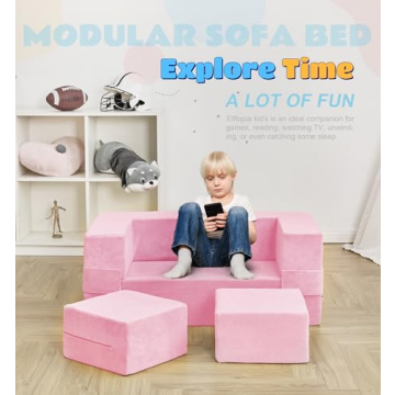 Elftopia Modular Kids Sofa,Toddler Couch Foam Armchair for Kids, Children Convertible Plush Sofa Play Set,Fold Out Sofa Bed(Pink)