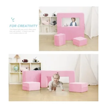Elftopia Modular Kids Sofa,Toddler Couch Foam Armchair for Kids, Children Convertible Plush Sofa Play Set,Fold Out Sofa Bed(Pink)