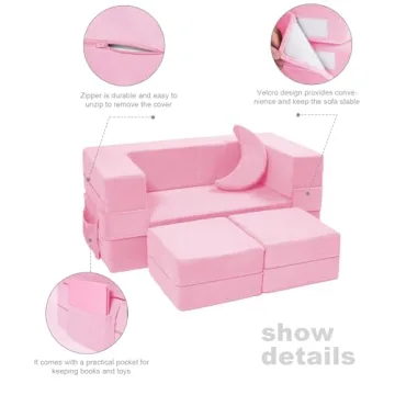 Elftopia Modular Kids Sofa,Toddler Couch Foam Armchair for Kids, Children Convertible Plush Sofa Play Set,Fold Out Sofa Bed(Pink)