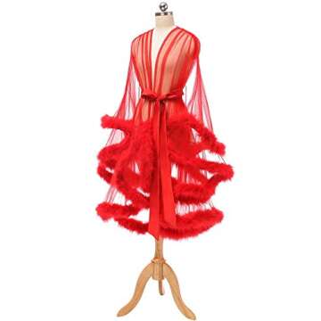 Tulle Feather Robes for Women Sexy Sheer Mesh Fur Bridal Wedding Scarf Illusion Boudoir Bathrobe Nig...
