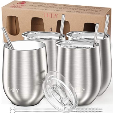 THILY Metal Insulated Stemless Wine Glasses 4 Pack Stainless Steel Wine Tumbler with Lid and Straw, ...