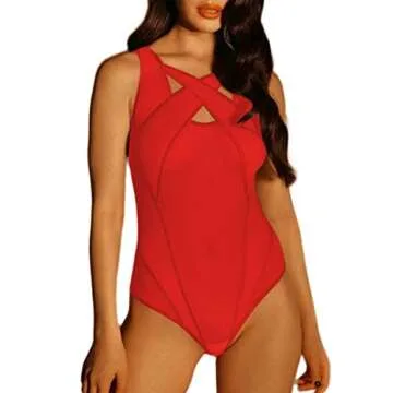 Hilinker Women's Sexy Mesh Sleeveless Bodysuit in Red