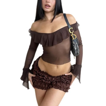 RISCUYY Sexy Two Piece Outfits for Women Club Night See Through Crop Top and Pleated Skirt Mesh Outf...