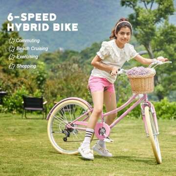 Glerc 20 Inch Beach Cruiser Bike, 6-Speed Hybrid City Bicycle for Girls Youth and Over 6 Years Old, ...