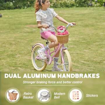 Glerc 20 Inch Beach Cruiser Bike, 6-Speed Hybrid City Bicycle for Girls Youth and Over 6 Years Old, Missy Bike with Wicker Basket & Lightweight, Pink