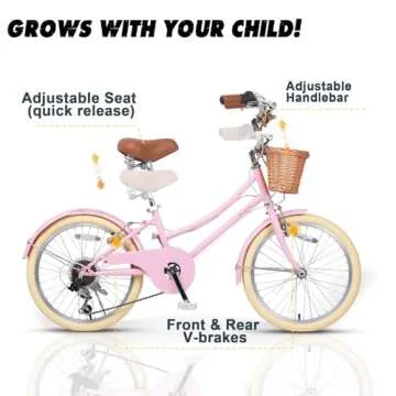 Glerc 20 Inch Beach Cruiser Bike, 6-Speed Hybrid City Bicycle for Girls Youth and Over 6 Years Old, Missy Bike with Wicker Basket & Lightweight, Pink
