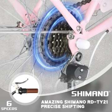 Glerc 20 Inch Beach Cruiser Bike, 6-Speed Hybrid City Bicycle for Girls Youth and Over 6 Years Old, Missy Bike with Wicker Basket & Lightweight, Pink