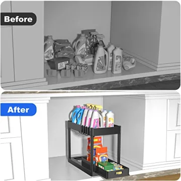 POUGNY 2-Tier Under Sink Organizer with Sliding Drawers & Hooks