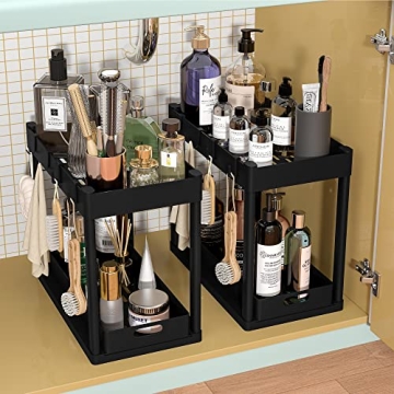 POUGNY 2-Tier Under Sink Organizer with Sliding Drawers & Hooks