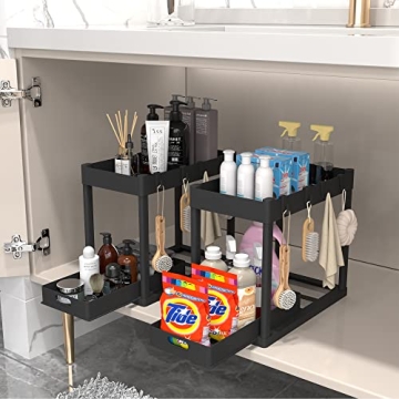 POUGNY 2-Tier Under Sink Organizer with Sliding Drawers & Hooks