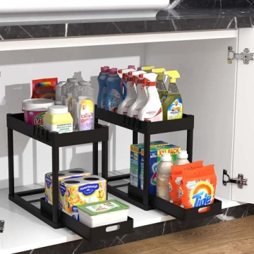 POUGNY 2-Tier Under Sink Organizer with Sliding Drawers & Hooks