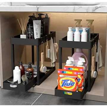 POUGNY 2-Tier Under Sink Organizer with Sliding Drawers & Hooks