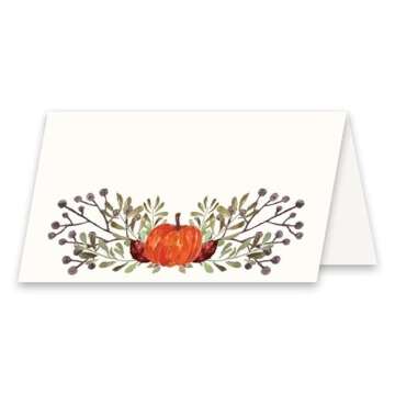 Koko Paper Co Thanksgiving Table Place Cards with Pumpkin and Fall Leaves | 50 Tent Style Dinner Set...