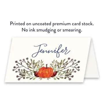 Koko Paper Co Thanksgiving Table Place Cards with Pumpkin and Fall Leaves | 50 Tent Style Dinner Setting Name Cards | Designed and Made in the U.S.A.