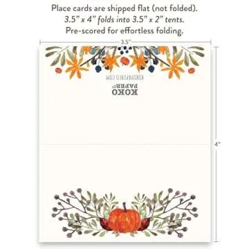 Koko Paper Co Thanksgiving Table Place Cards with Pumpkin and Fall Leaves | 50 Tent Style Dinner Setting Name Cards | Designed and Made in the U.S.A.
