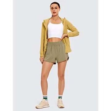 CRZ YOGA Womens High Waisted Running Shorts Mesh Liner 3'' Dolphin Quick Dry for Athletic Gym Track Workout with Zip Pocket Mountain Olive X-Small