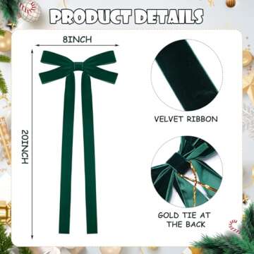 Hollowfly 12 Pcs 10 X 24inch Velvet Christmas Bow Extra Large Christmas Bow with Extra Long Tail Neutral Holiday Decor Velvet Ribbon Bows for Christmas Garland Fireplace, Stairs, Mirror, Door (Green)