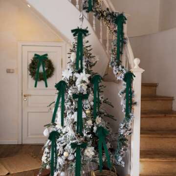 Hollowfly 12 Pcs 10 X 24inch Velvet Christmas Bow Extra Large Christmas Bow with Extra Long Tail Neutral Holiday Decor Velvet Ribbon Bows for Christmas Garland Fireplace, Stairs, Mirror, Door (Green)