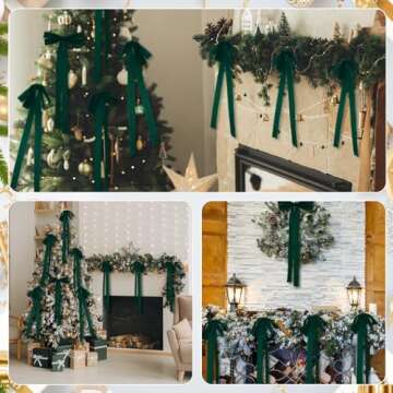 Hollowfly 12 Pcs 10 X 24inch Velvet Christmas Bow Extra Large Christmas Bow with Extra Long Tail Neutral Holiday Decor Velvet Ribbon Bows for Christmas Garland Fireplace, Stairs, Mirror, Door (Green)