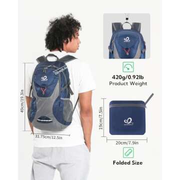 WATERFLY Lightweight Packable Hiking Backpack: 30L Foldable Travel Daypack Ultralight Camping Day Pa...