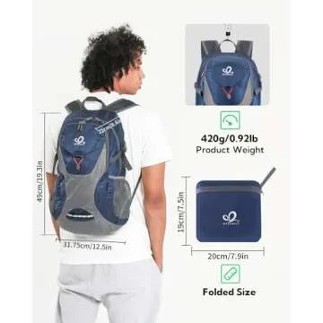 WATERFLY Lightweight Packable Hiking Backpack: 30L Foldable Travel Daypack Ultralight Camping Day Pa...