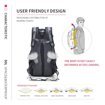 Bseash 50L Camping Backpack Lightweight Water Resistant