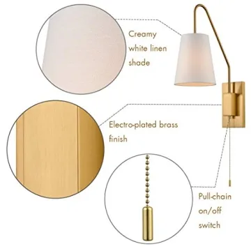 JEENKAE Brass Plug-in Wall Sconces Set of Two with Shade