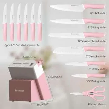 Astercook Knife Set, Kitchen Knives Set with Block and Sharpener Ceramic Coating 15 Pcs German Stainless Steel Knives Sharp Blade Dishwasher Safe Knife Block Set with Ergonomic Handle, Crystal Pink