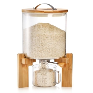 Tlence 5L Stylish Glass Rice Dispenser with Bamboo Stand and Measuring Cup