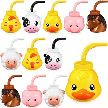 Roshtia 12 Sets Farm Animal Cups with Straws and Lids 11 oz Plastic Animal Themed Cups Cute Pig Shee...