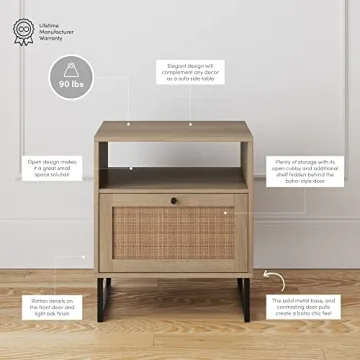 Mina Rattan Wood End Side Table with Storage Oak Black