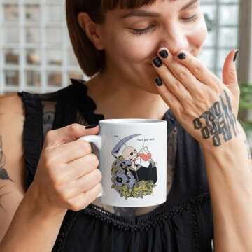 LookHUMAN Halloween Skeleton Mug - Funny Coffee Mugs Adult Humor, Double-Sided Print Ceramic Coffee Cups as Halloween Coffee Mugs & Halloween Gifts, Novelty Coffee Mugs for Women & Men, 11oz