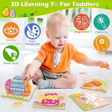 Easter Toys Gifts for Kids Toddlers - 4 Pack Wooden Puzzles with Rabbits, Carrots, Chicks, Eggs Design, Easter Party Favors for Boys Girls, Kids Classroom Exchange Gifts - Educational Preschool Toys