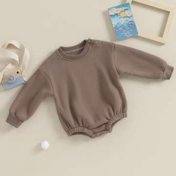 Baby Boy Girl Fleece Sweatshirt Romper Solid Color Long Sleeve Sweater Bubble Onesie Warm Fall Winter Clothes (Brown, 12-18 Months)