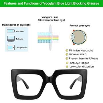 VOOGLAM Stylish Black Square Frame Blue Light Glasses
