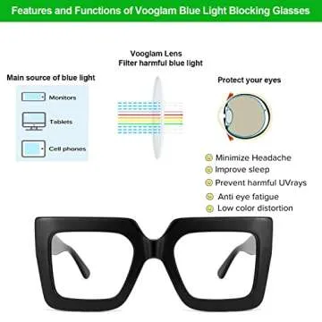 VOOGLAM Stylish Black Square Frame Blue Light Glasses